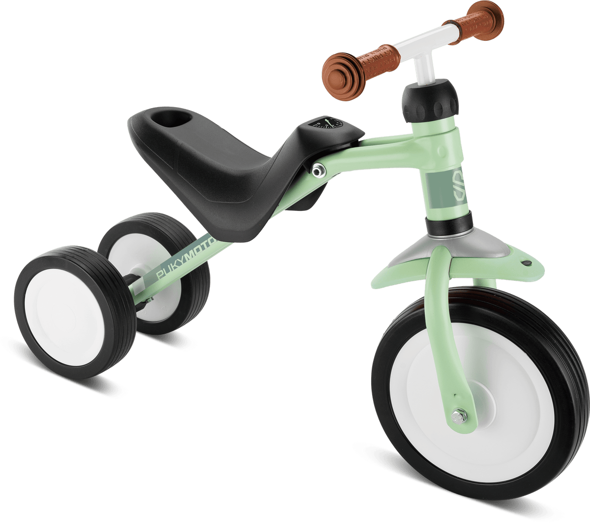 PUKY PUKYMOTO är en liten mintgrön och svart trehjuling för små barn, med ett stort framhjul, två mindre bakhjul, bruna handtag och en svart sits.