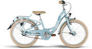 PUKY SKYRIDE 20-3 är en ljusblå barncykel med beige sadel och styre, cremefärgade däck, pakethållare bak, skärmar och kedjeskydd, mot en vit bakgrund.