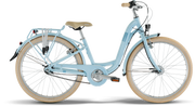 PUKY SKYRIDE 24-3 är en ljusblå genomgångscykel med beige däck och sadel, upprätt styre, pakethållare, fram- och bakskärmar, som visas mot en vit bakgrund.