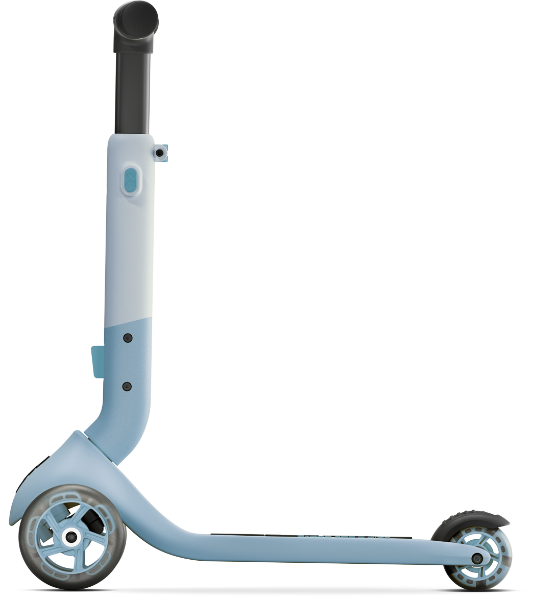 PUKY PUSH från PUKY är en ljusblå och vit trehjulig scooter med en minimalistisk design, visad från sidan mot en slät bakgrund.
