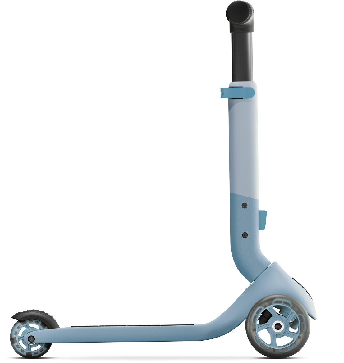 PUKY PUSH från PUKY är en modern, ljusblå trehjulig scooter med ståplattform och justerbart, upprätt styre, som visas från sidan på en vit bakgrund.