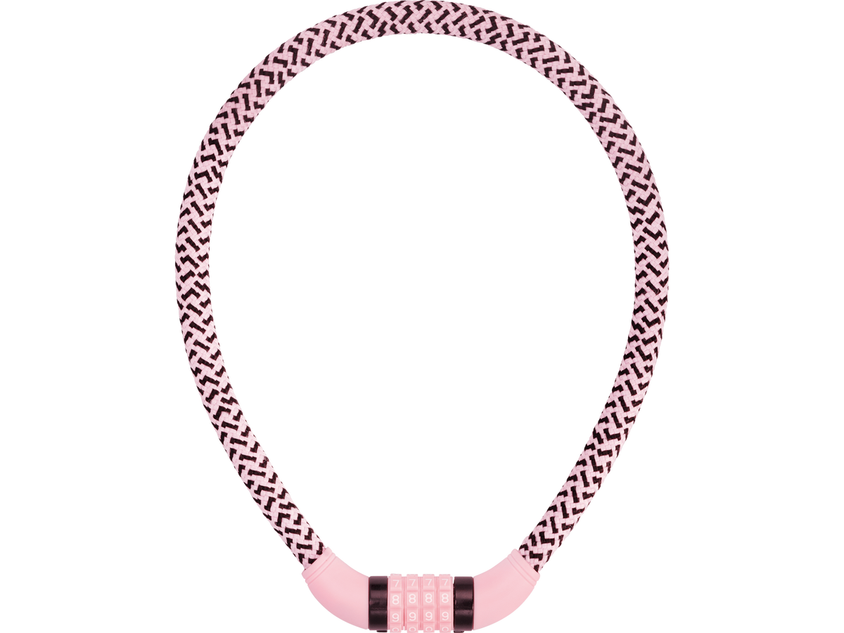 PUKY LOCKSTAR är ett rosa och svart flätat cykellås med en kombinationsmekanism på undersidan.