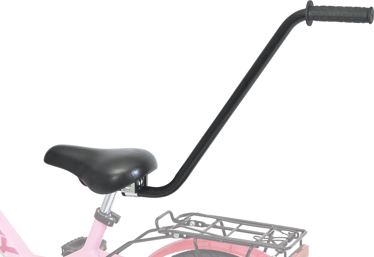 En närbild av PUKY Fahrradlernhilfe visar en svart cykelsits med ett bakmonterat svart styre för vuxna att styra eller skjuta på, och en del av den rosa ramen syns.