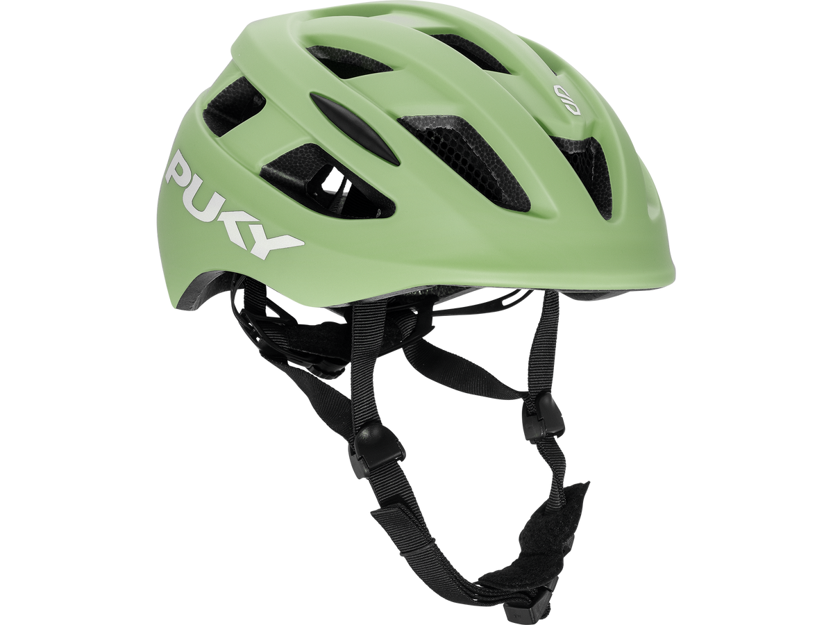 PUKY HELMET S från PUKY är en ljusgrön cykelhjälm med flera ventilationshål, svarta justerbara remmar och "PUKY" i vitt på sidan. Visas mot en vanlig ljus bakgrund.