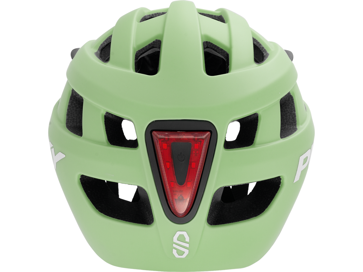 PUKY HELMET S från PUKY är en grön cykelhjälm sedd bakifrån, med ett rött triangulärt bakljus, flera ventilationshål, vitt varumärke och en elegant skyddande design.